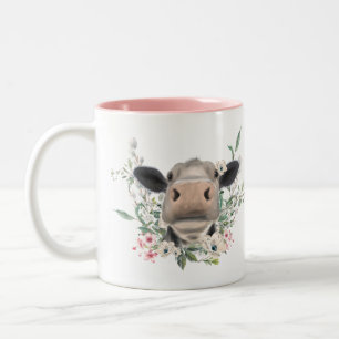 cow nose kiss flowers watercolor grey farm animal Two-Tone coffee mug