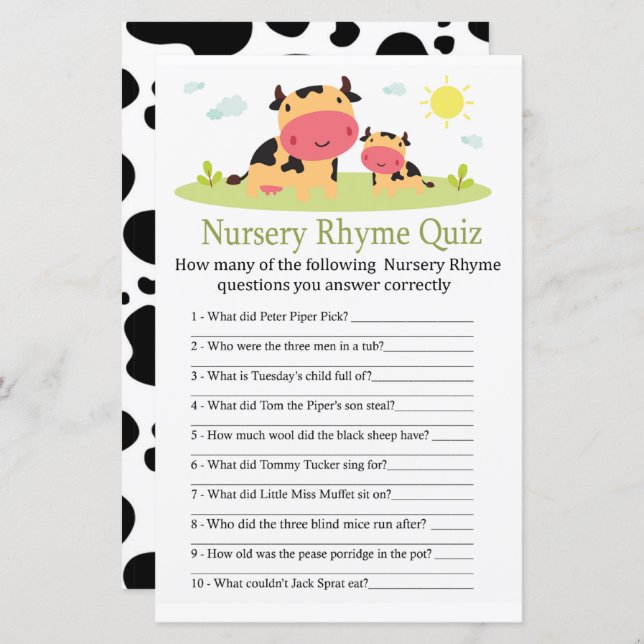 Cow Nursery Rhyme Quiz baby shower game (Front/Back)