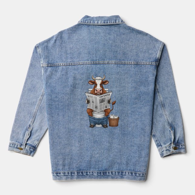 Cow on Toilet , Funny Farm Animal Denim Jacket (Back)