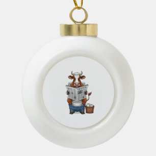 Cow on Toilet PNG, Funny Farm Animal Ceramic Ball Christmas Ornament