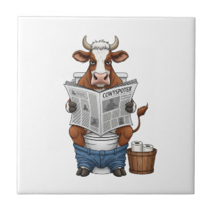 Cow on Toilet PNG, Funny Farm Animal Ceramic Tile