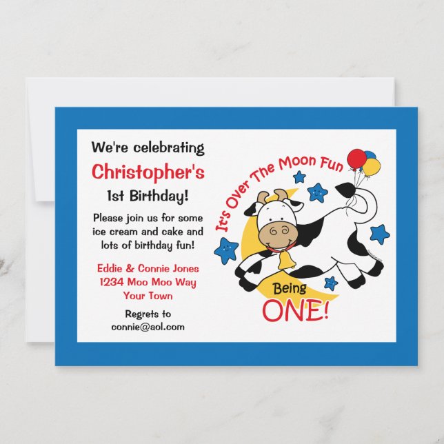 Cow Over Moon 1st Birthday Invitation (Front)