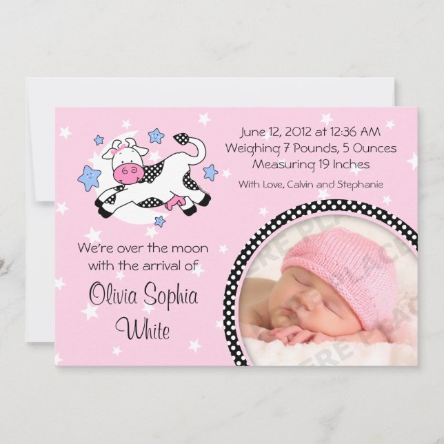 Cow Over Moon Baby Photo Birth Announcement (Front)
