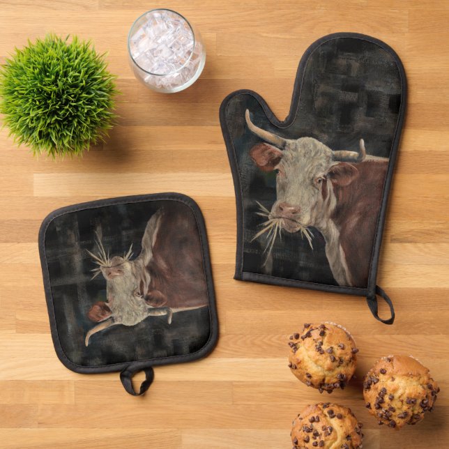 Cow Painting Oven Mitt & Pot Holder Set (Top Down)