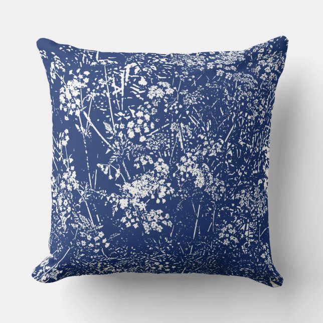Cow Parsley Cyanotype Style Cushion (Front)