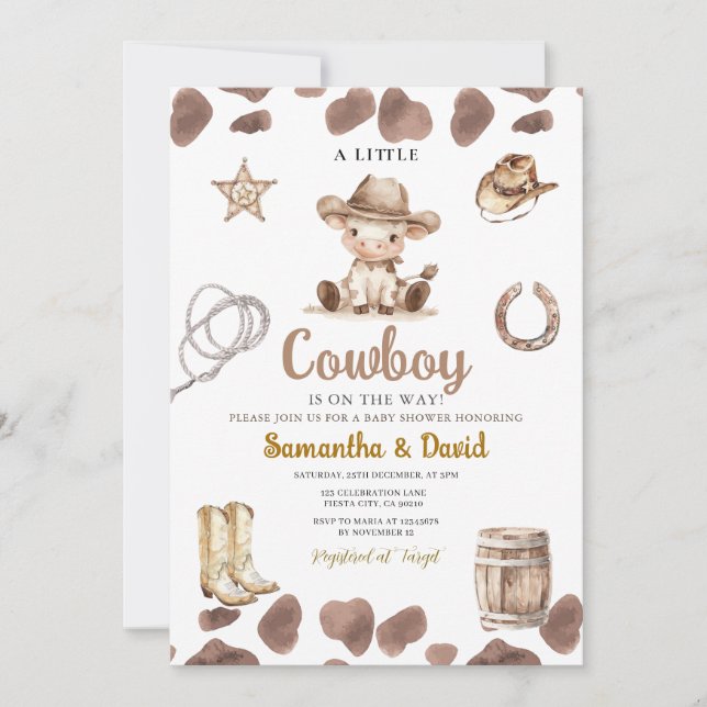 Cow Pattern Cowboy is on the Way Baby Shower  Invitation (Front)