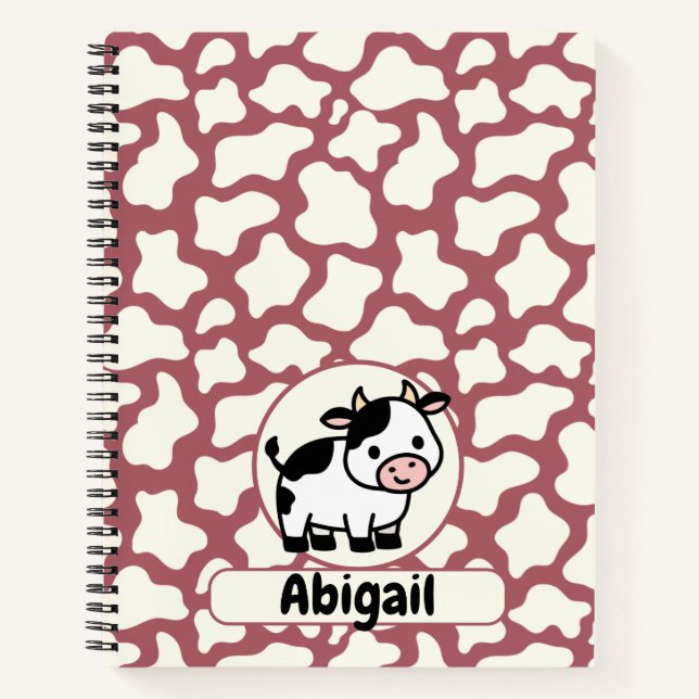 Cow Pattern in White on Red with Cow and Name Notebook (Front)
