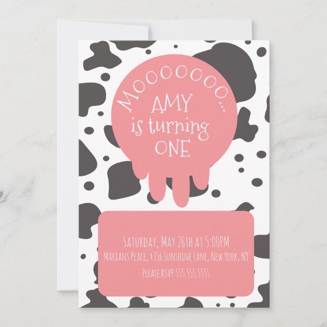 Cow Pattern Spots Brown Pink Birthday Party Invitation (Front)