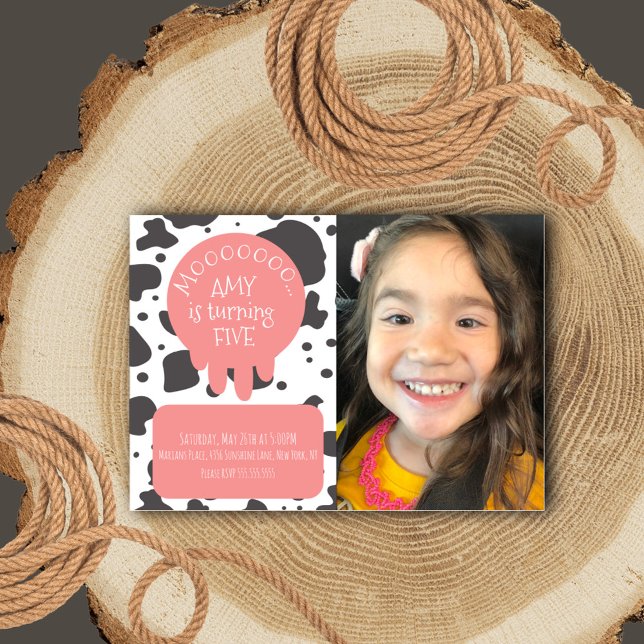 Cow Pattern Spots Brown Pink Birthday Party Photo Invitation (Creator Uploaded)