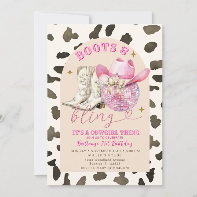 Cow Pattern Western Boots and Bling Birthday  Invitation (Front)