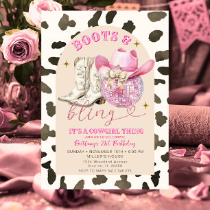 Cow Pattern Western Boots and Bling Birthday Invitation