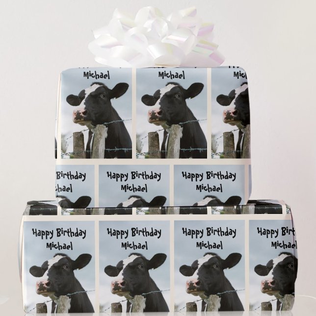 Cow Personalise Greeting & Name Birthday  Wrapping Paper (Creator Uploaded)