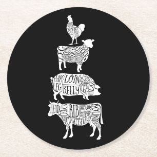 cow pig chicken butcher meat cuts art round paper coaster