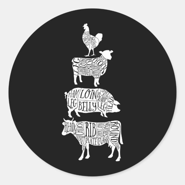 cow pig chicken butcher meat cuts art small holder classic round sticker (Front)