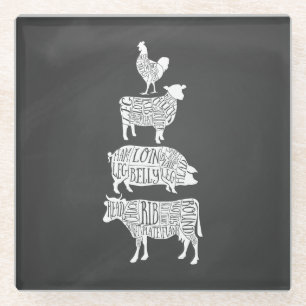 cow pig chicken butcher meat cuts art small holder glass coaster
