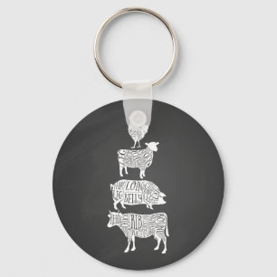 cow pig chicken butcher meat cuts art small holder key ring