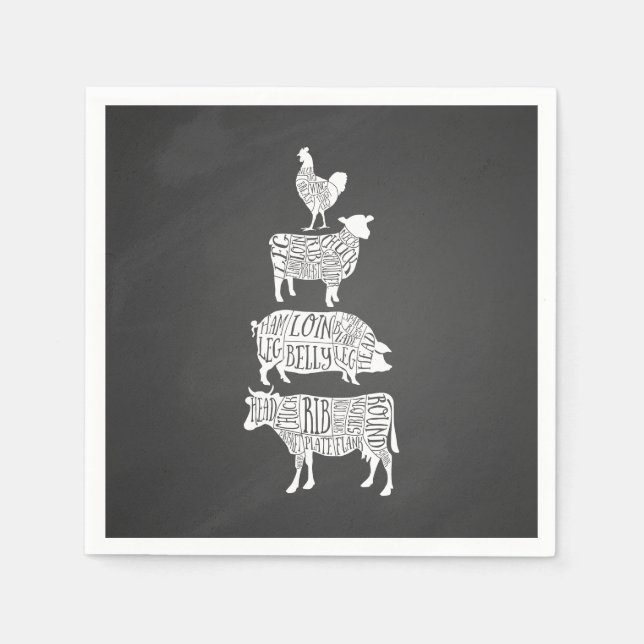 cow pig chicken butcher meat cuts art small holder napkin (Front)
