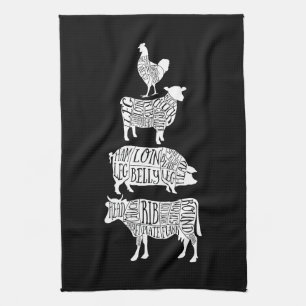 cow pig chicken butcher meat cuts art small holder tea towel