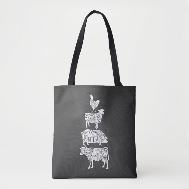 cow pig chicken butcher meat cuts art small holder tote bag (Front)