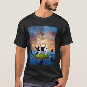 Cow Pig Sheep Chicken On The Sea Sharks Funny Anim T-Shirt
