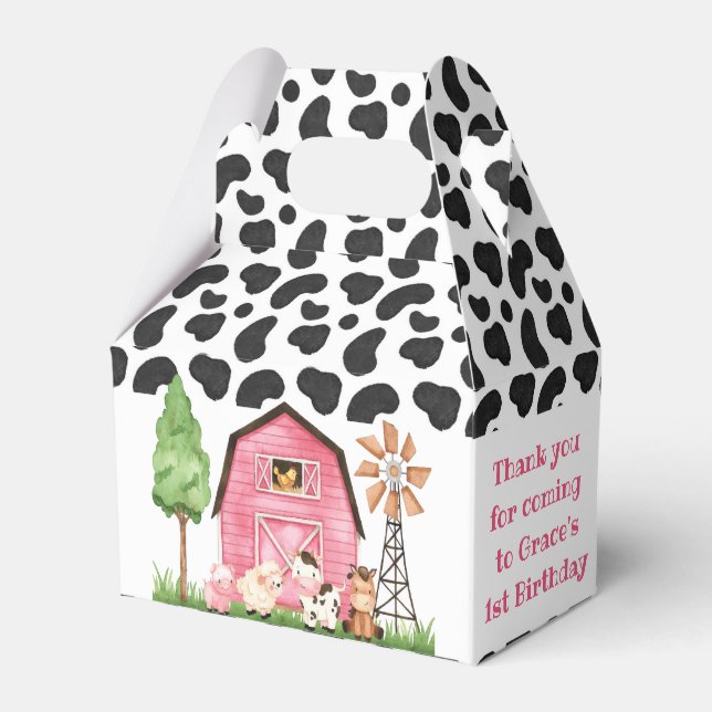 Cow Pink Farm Barnyard Birthday Party Favour Box (Front Side)