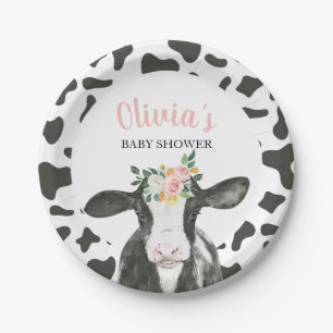 Cow Pink Floral and Gingham Baby Shower Paper Plate