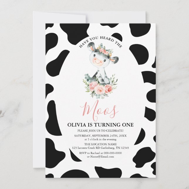 Cow Pink Floral Have You Heard Moos Birthday Invitation (Front)