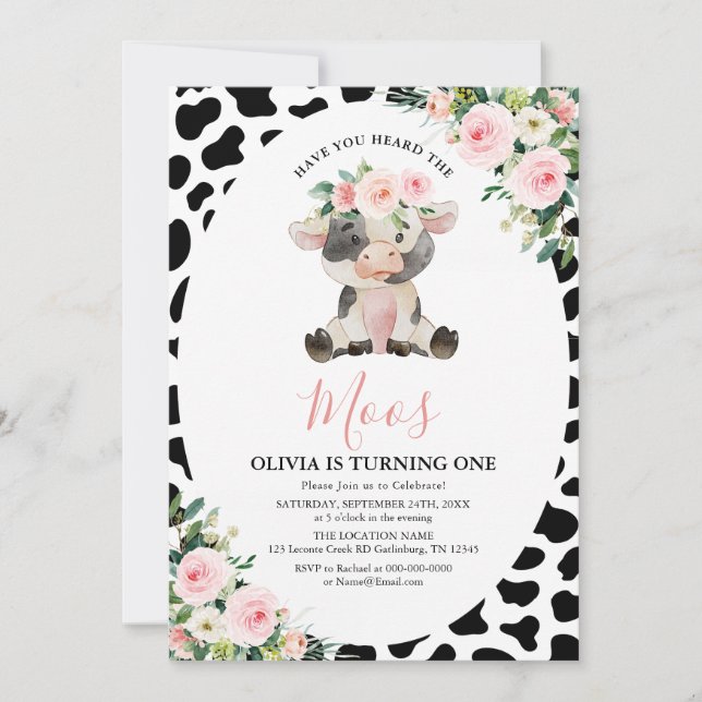 Cow Pink Floral Have You Heard Moos Birthday Invitation (Front)