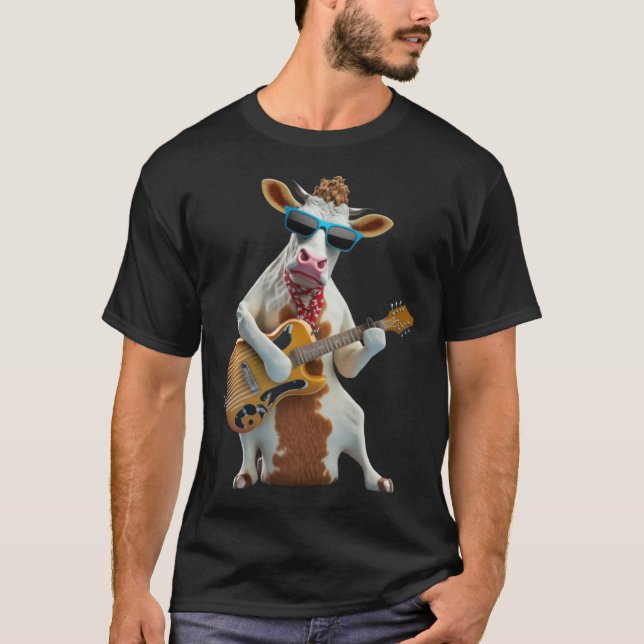 Cow Playing Electric Guitar  Animal Cow  Guitar  1 T-Shirt (Front)