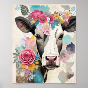Cow Portrait Floral Mixed Media Collage  Poster