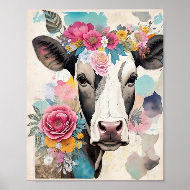 Cow Portrait Floral Mixed Media Collage  Poster (Front)