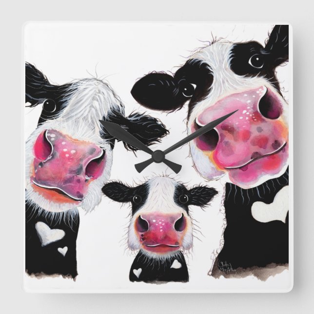CoW PRiNT, ANiMaL PRiNT ' THe NoSeY CoWS ' Square Wall Clock (Front)
