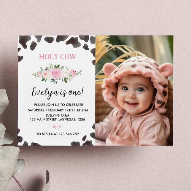 Cow Print Birthday Floral Photo Invitation (Creator Uploaded)