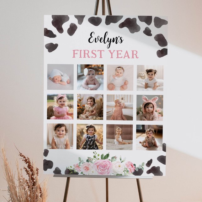 Cow Print Birthday Floral Photo Milestone Poster (Creator Uploaded)