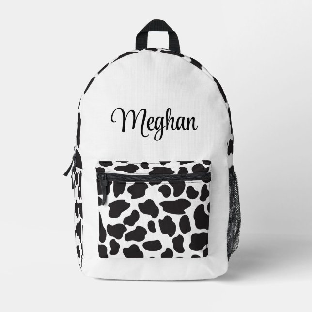 Cow Print Black and White Spots with Name Printed Backpack (Front)