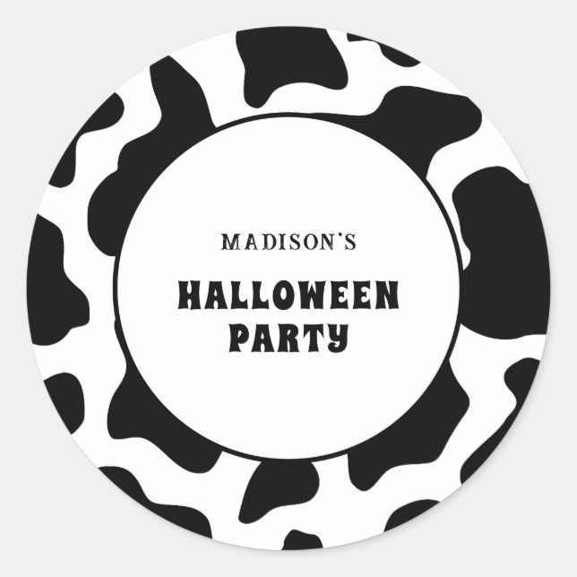 Cow Print Black & White Halloween Party  Classic Round Sticker (Front)