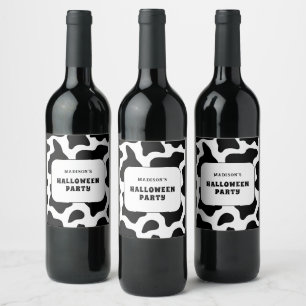 Cow Print Black & White Halloween Party Wine Label