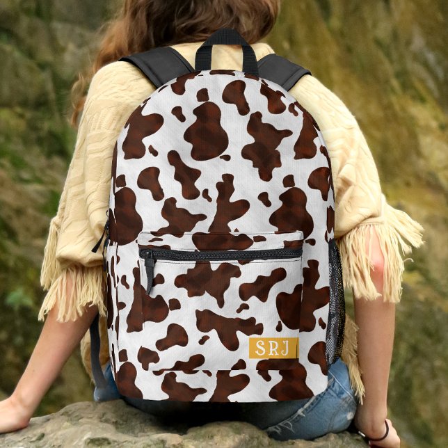 Cow Print Brown Western Animal Spots Monogrammed Printed Backpack (Creator Uploaded)