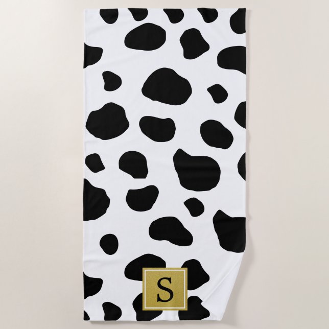 Cow Print, Cow Spots, Black And White, Monogram Beach Towel (Front)