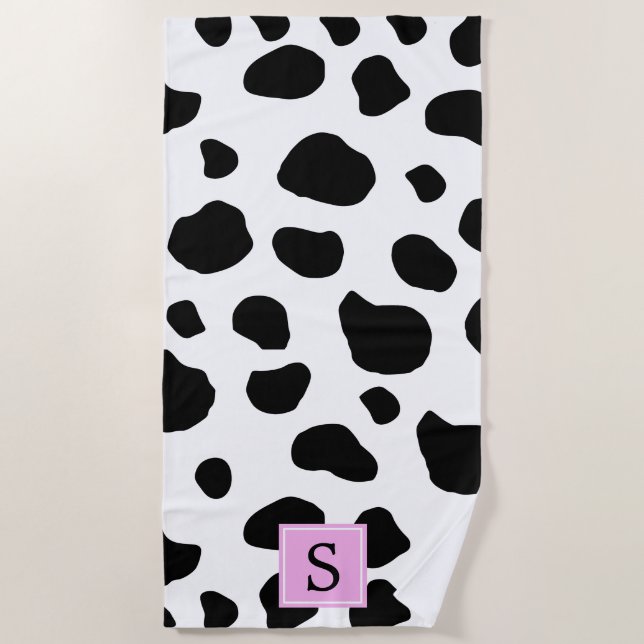 Cow Print, Cow Spots, Black And White, Monogram Beach Towel (Front)