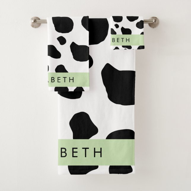 Cow Print, Cow Spots, Black And White, Your Name Bath Towel Set (Insitu)