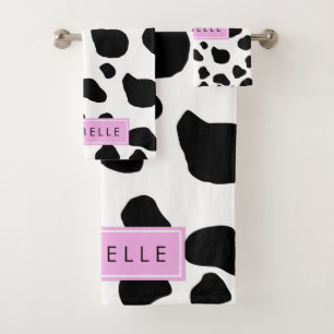 Cow Print, Cow Spots, Black And White, Your Name Bath Towel Set
