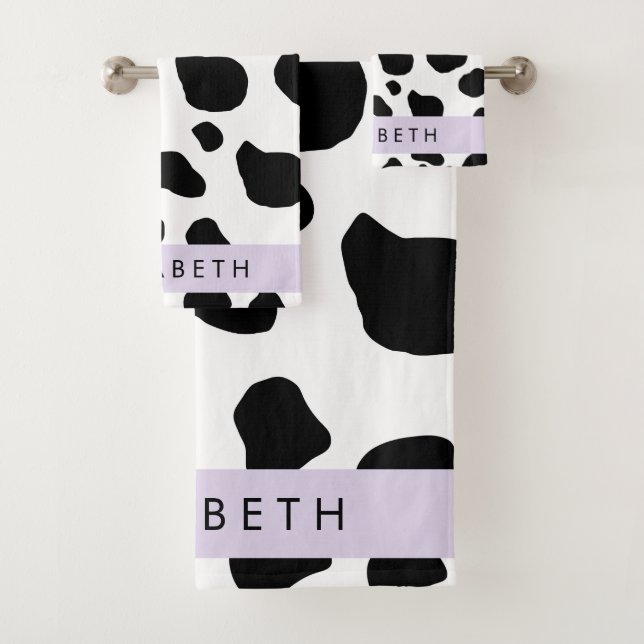 Cow Print, Cow Spots, Black And White, Your Name Bath Towel Set (Insitu)