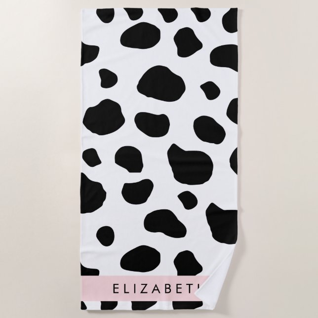 Cow Print, Cow Spots, Black And White, Your Name Beach Towel (Front)