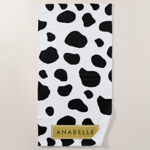Cow Print, Cow Spots, Black And White, Your Name Beach Towel