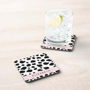 Cow Print, Cow Spots, Black And White, Your Name Coaster