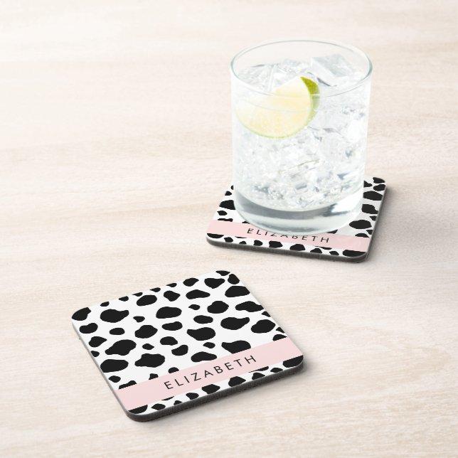 Cow Print, Cow Spots, Black And White, Your Name Coaster (Right Side)