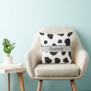 Cow Print, Cow Spots, Black And White, Your Name Cushion