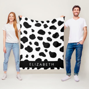 Cow Print, Cow Spots, Black And White, Your Name Fleece Blanket