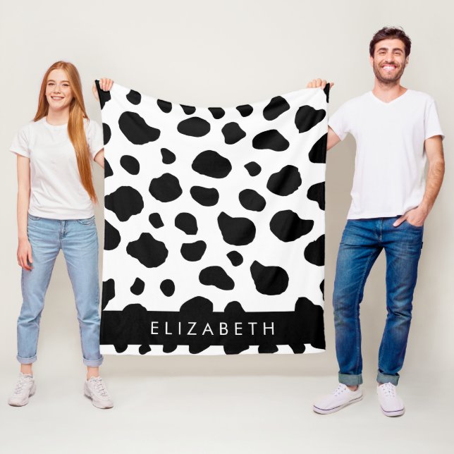 Cow Print, Cow Spots, Black And White, Your Name Fleece Blanket (In Situ)
